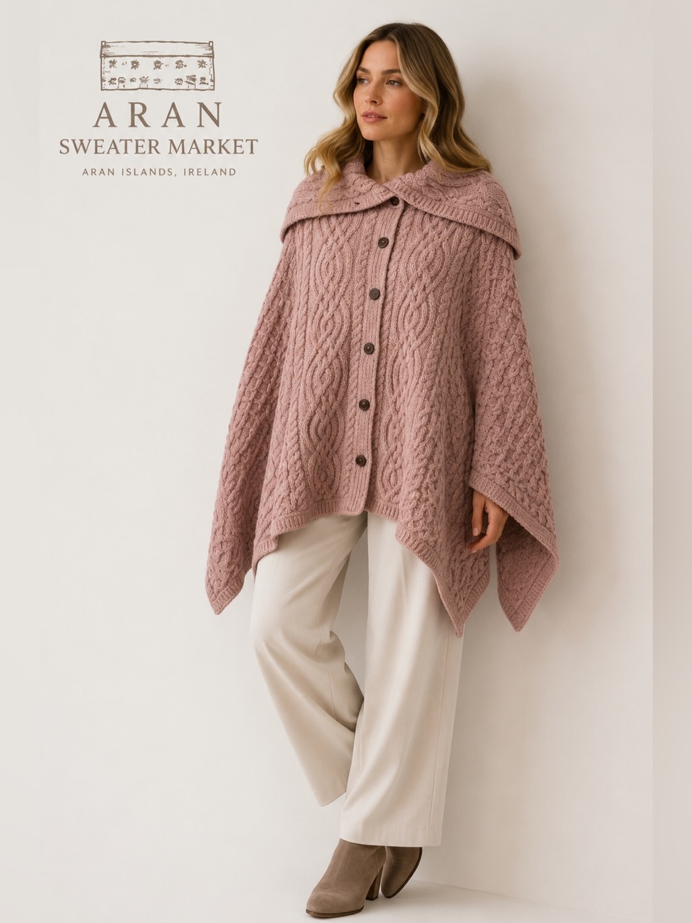 Aran Sweater Market 100% Merino Wool Ireland Cable Knit Poncho Cape Pink M/L B5